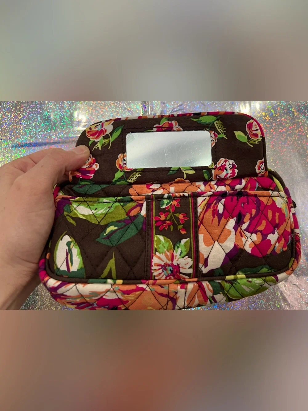 Vera Bradley Floral Cosmetic Bag Makeup Pouch Travel Case Mirror Quilted - Picture 6 of 6